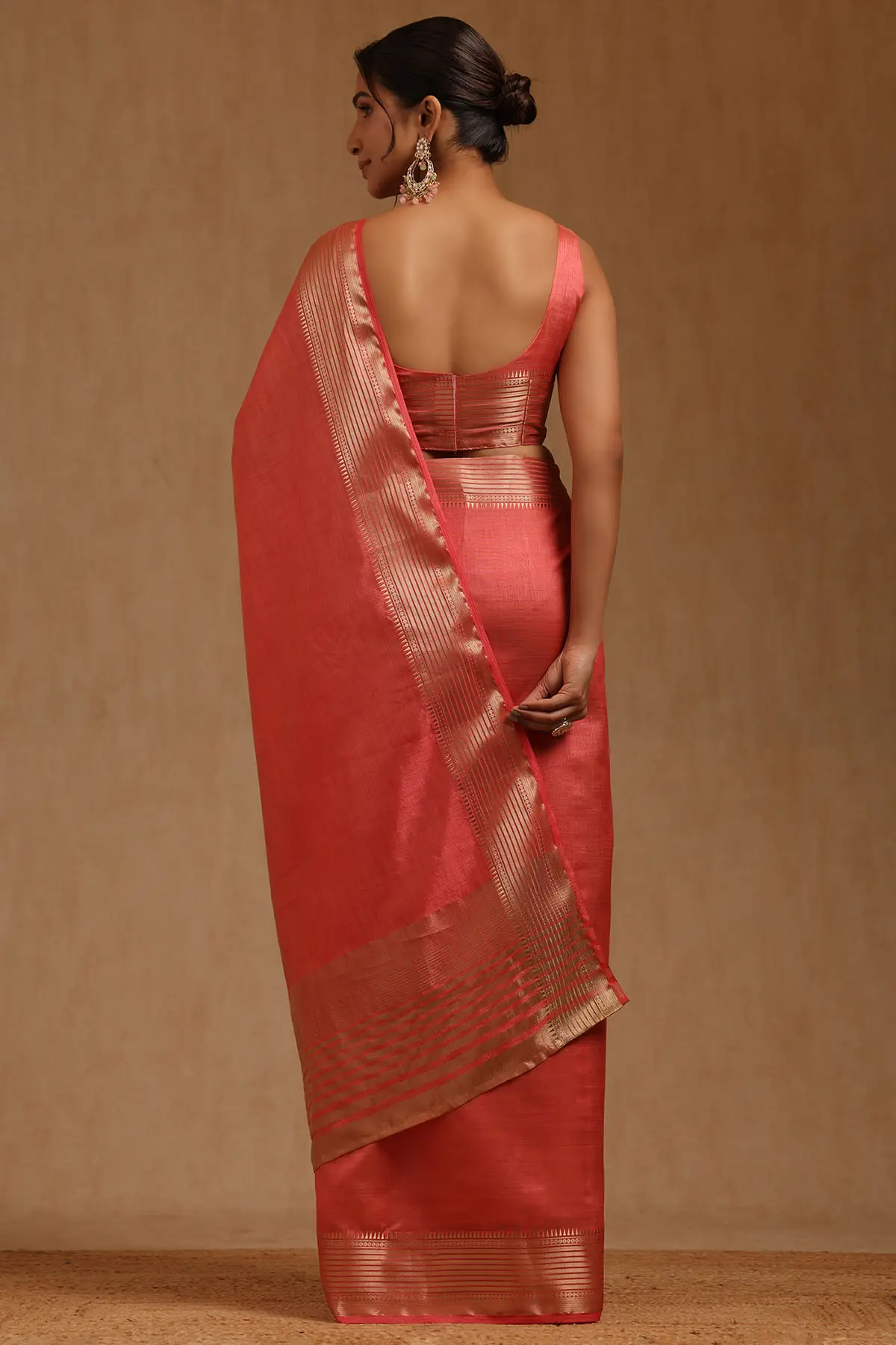 Peach Art Silk Solid Saree With Zari Woven Border